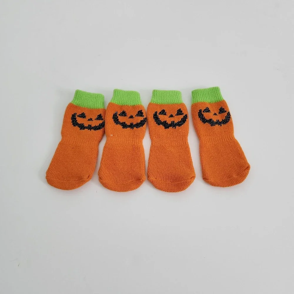 Orange Pumpkin Halloween Jack-O-Lantern Non-Slip‎ Pet Socks 4pc Set